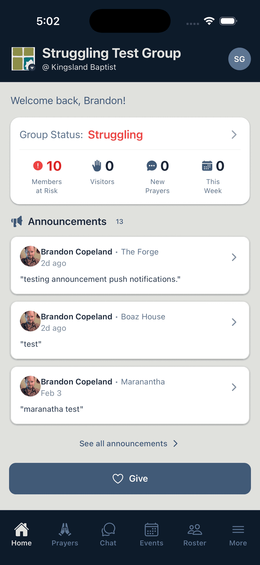 Flock home screen with group dashboard