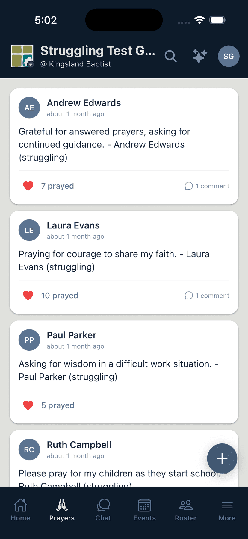 Flock prayer wall showing group prayer requests