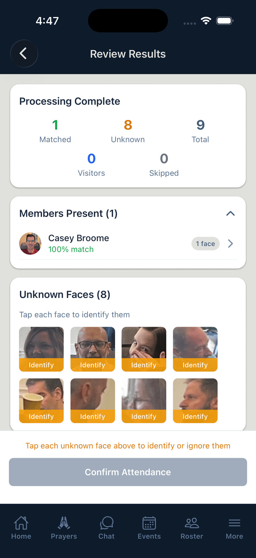 AI photo attendance review screen